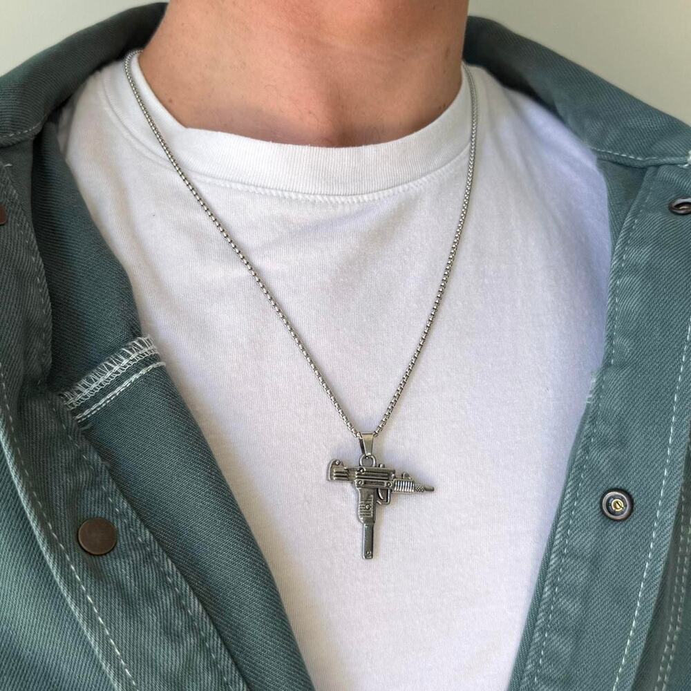 Y2K Silver Stainless Steel Uzi Necklace Urban Pendant Unisex Streetwear New - Picture 3 of 10